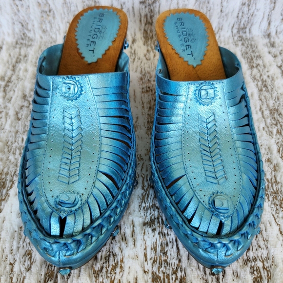 Bridget Shuster "Abba" Metallic Leather Clog Mules Blue Wood | Women's Size 9M - Picture 3 of 13